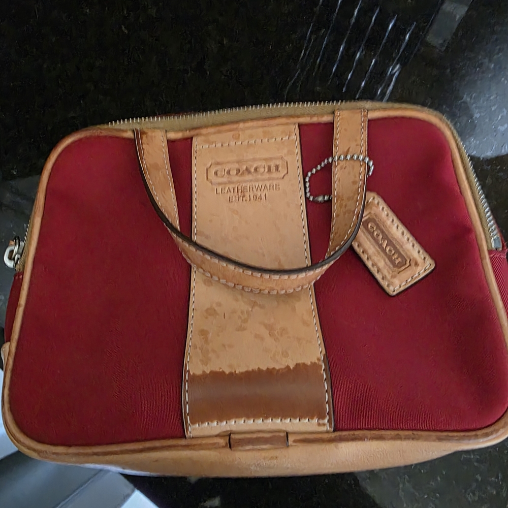 Coach Red and Tan Briefcase with Leather Trim